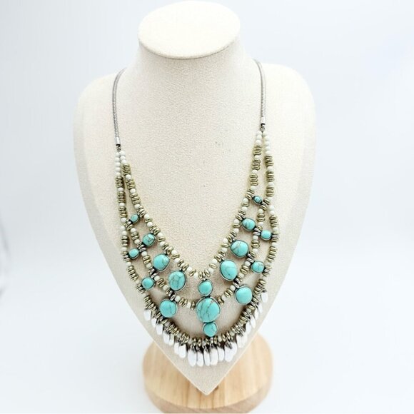 Lucky Brand Jewelry - Lucky Brand Turquoise Beaded Collar Bib Row Antique Gold Statement Necklace